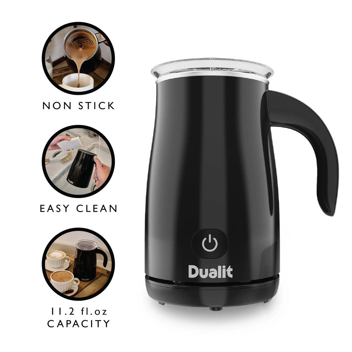 Black electric milk frother with lid and handle, with easy-clean and nonstick icons