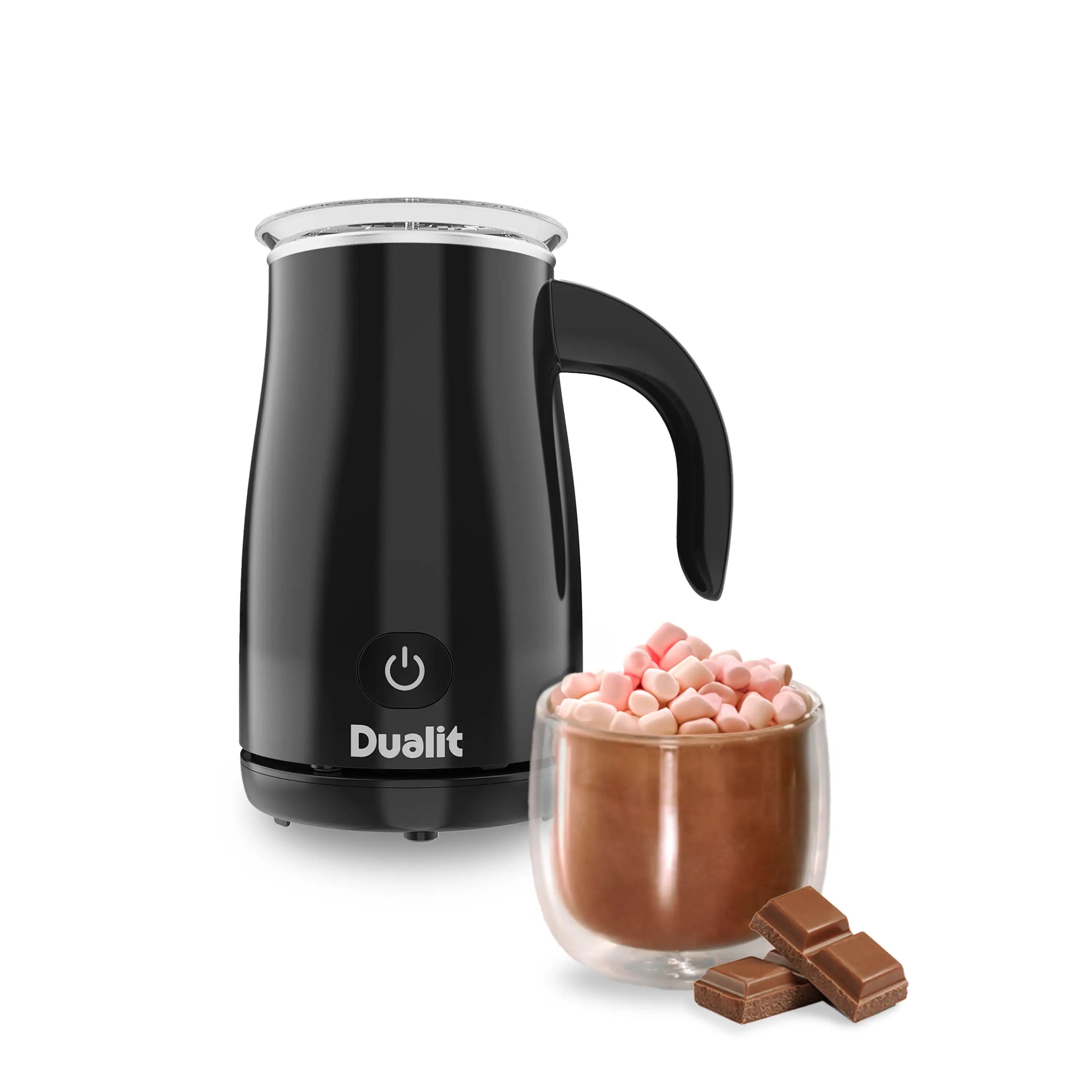 Black electric milk frother with handle, shown with cocoa pieces and chocolate bar