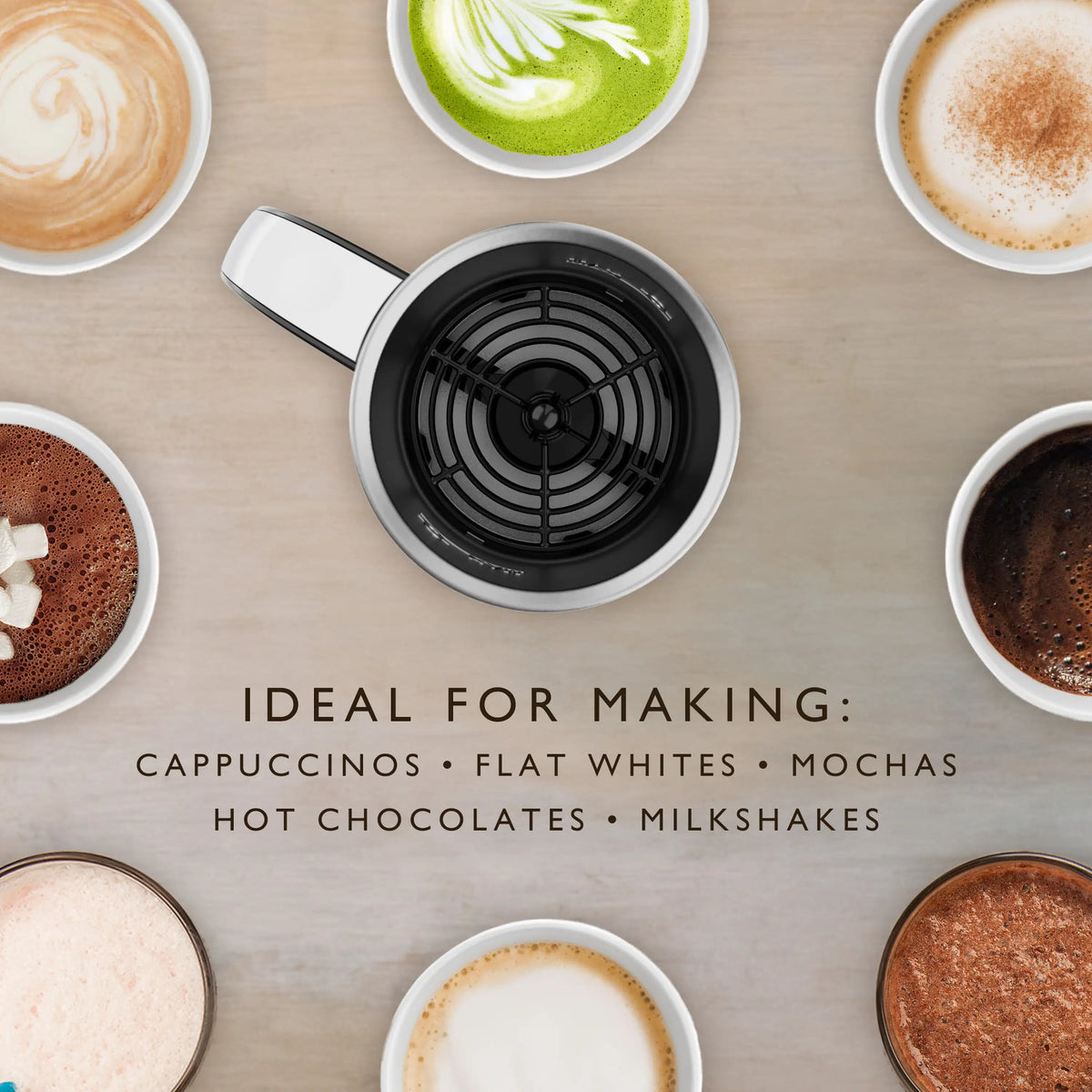 Black milk frother base with circular whisk attachment viewed from above