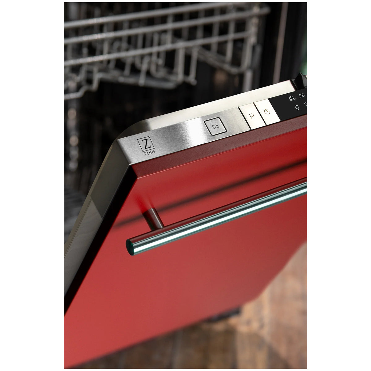 Red matte front dishwasher door with stainless steel modern handle and control panel