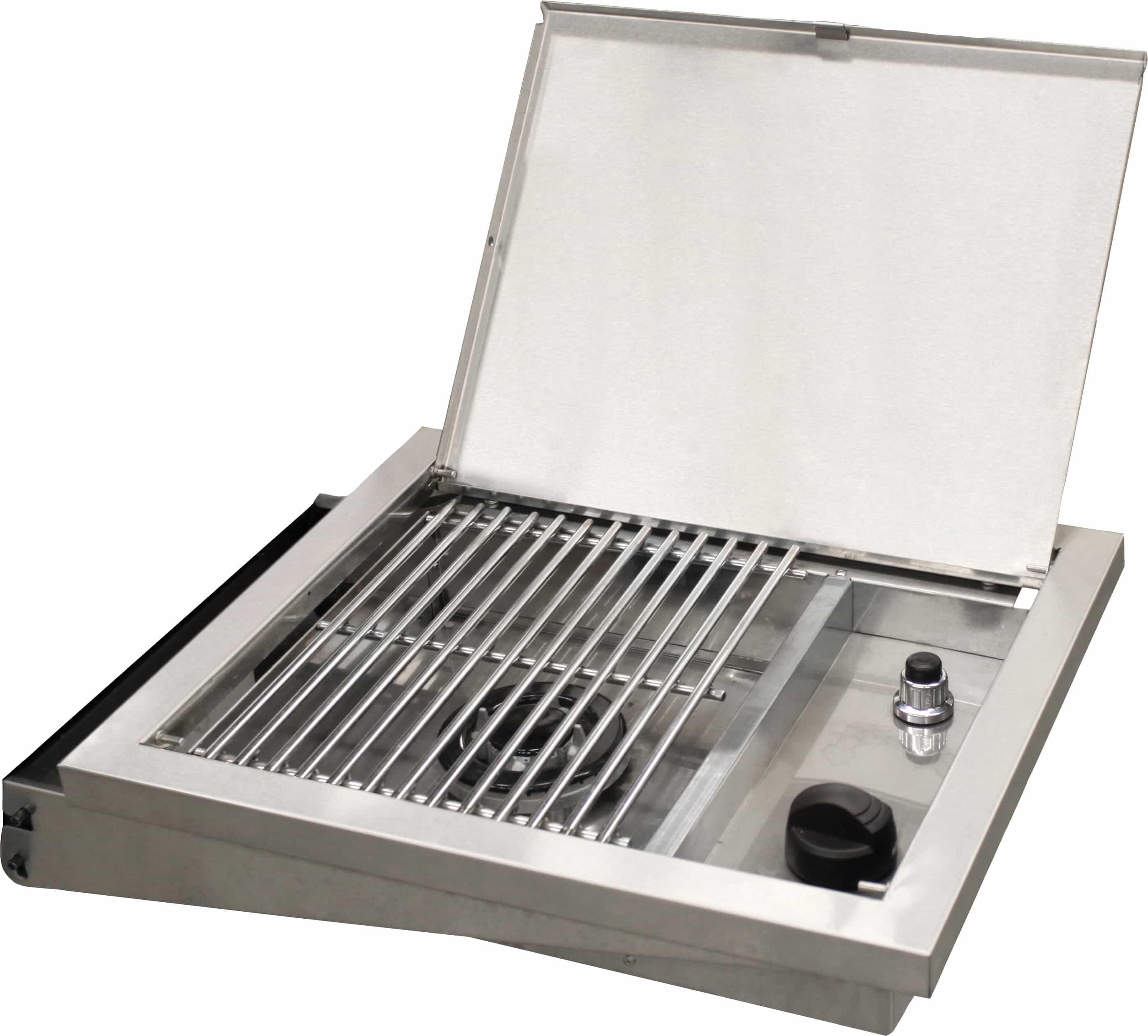 Broilmaster stainless steel LP side burner with open lid and metal cooking grate