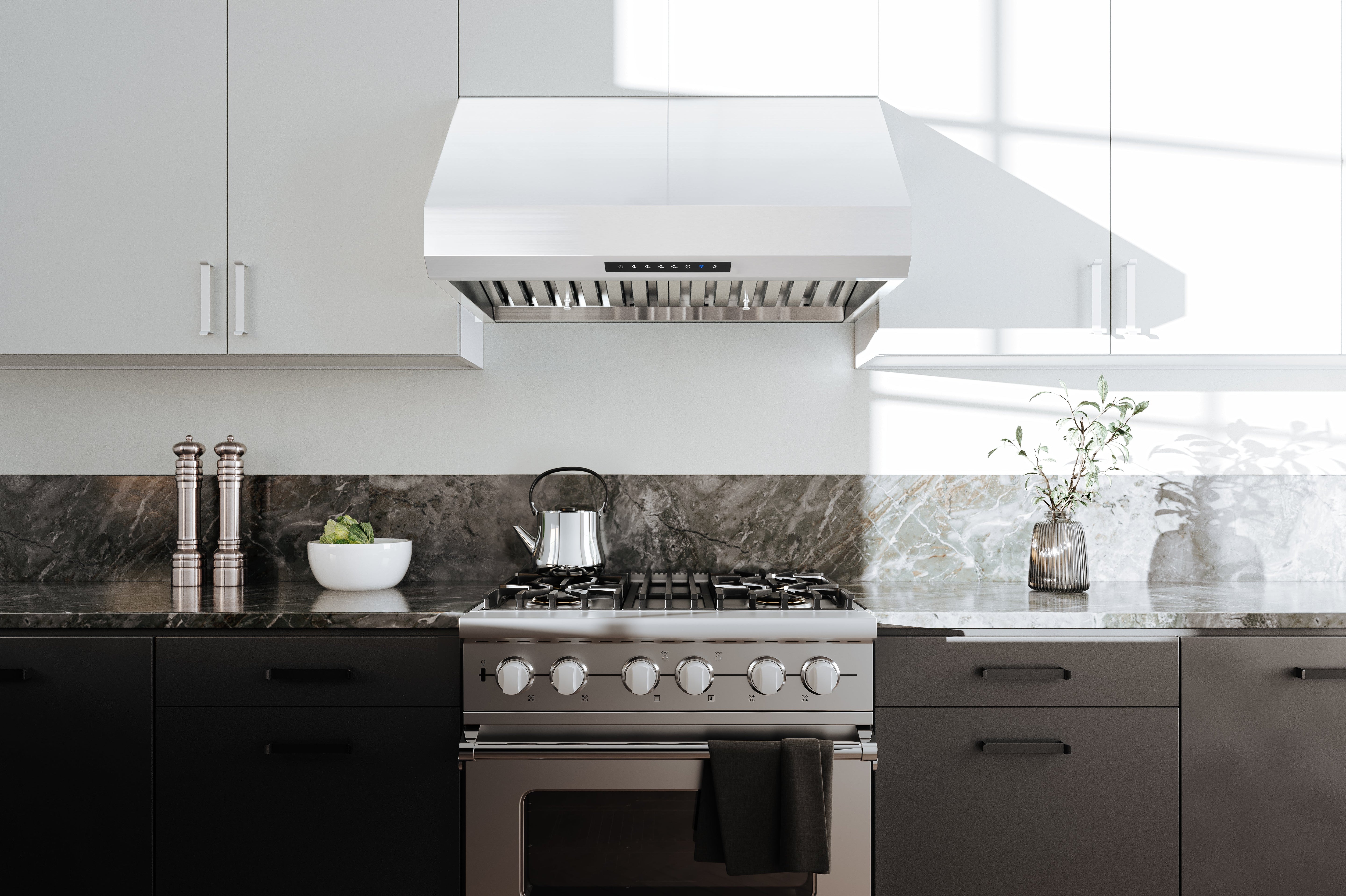 Stainless steel pro-style under-cabinet range hood over gas cooktop
