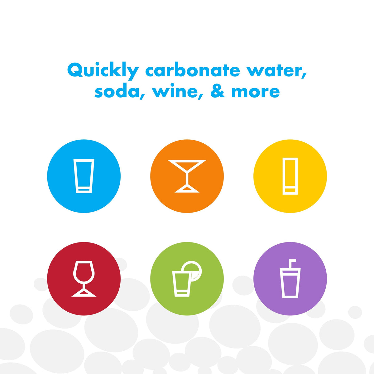 Infographic with icons for carbonating water, soda, wine, and more