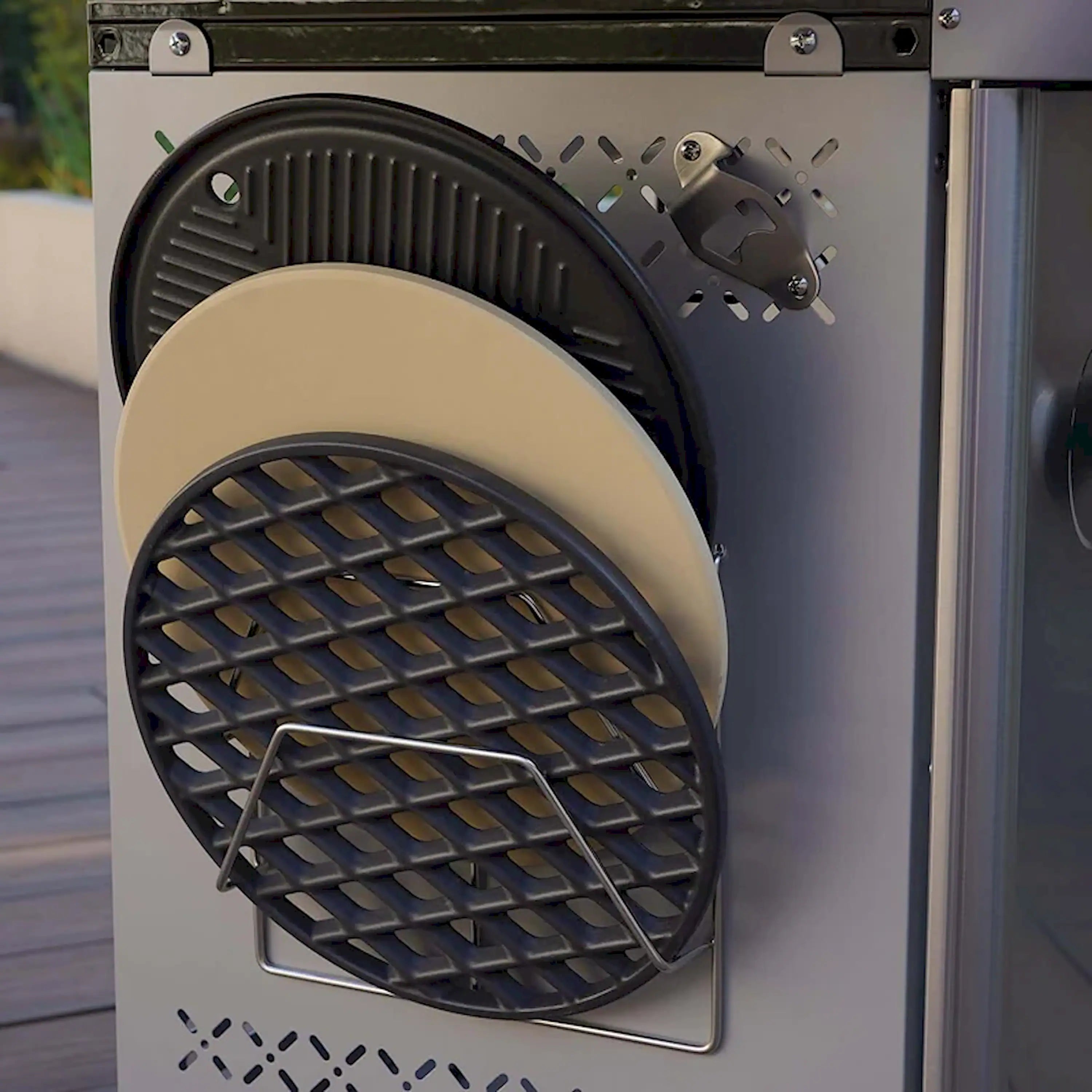 Beige and black grill rack insert with round perforated cooking surface