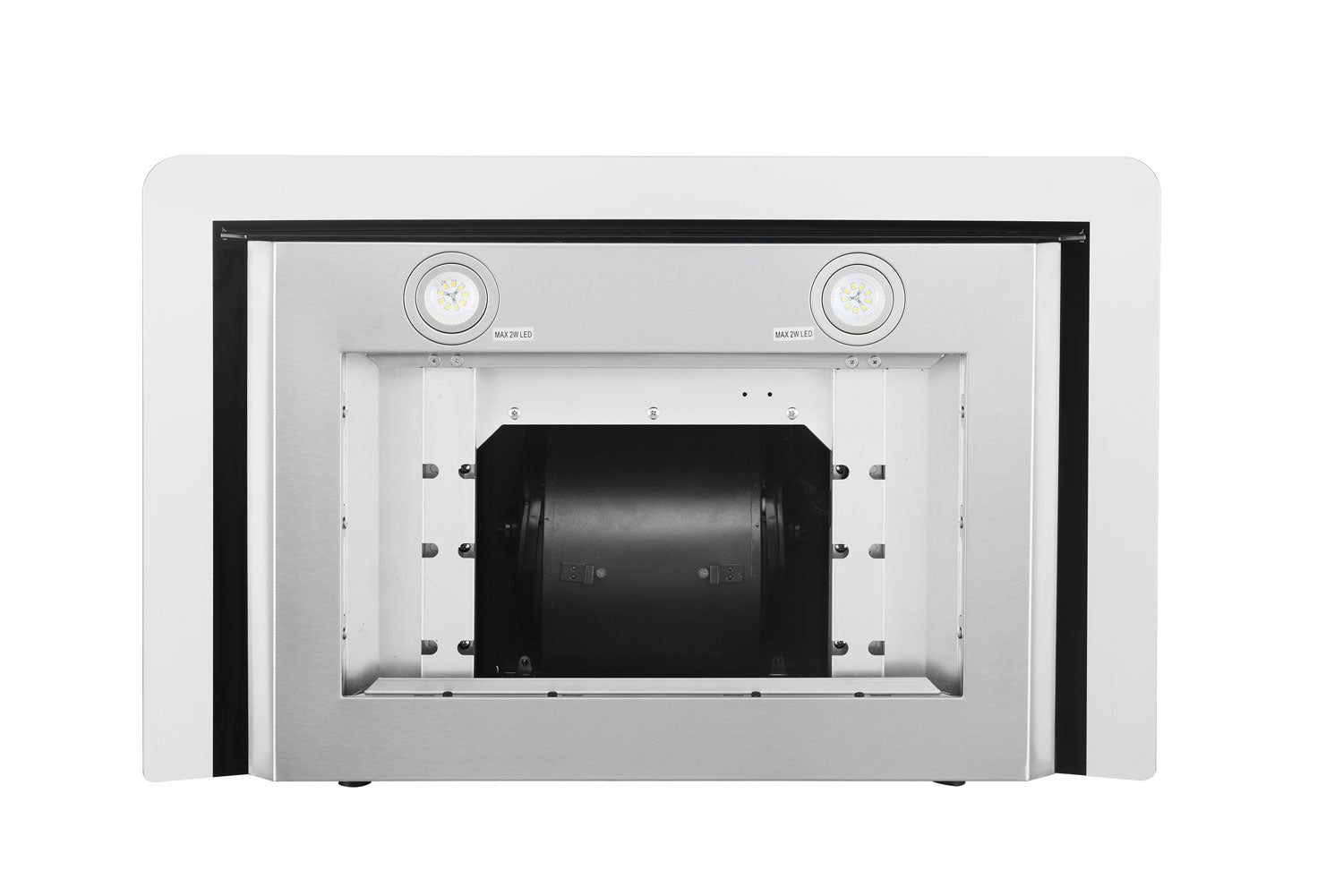 Stainless wall mount range hood interior with baffle filters and dual LED bulbs
