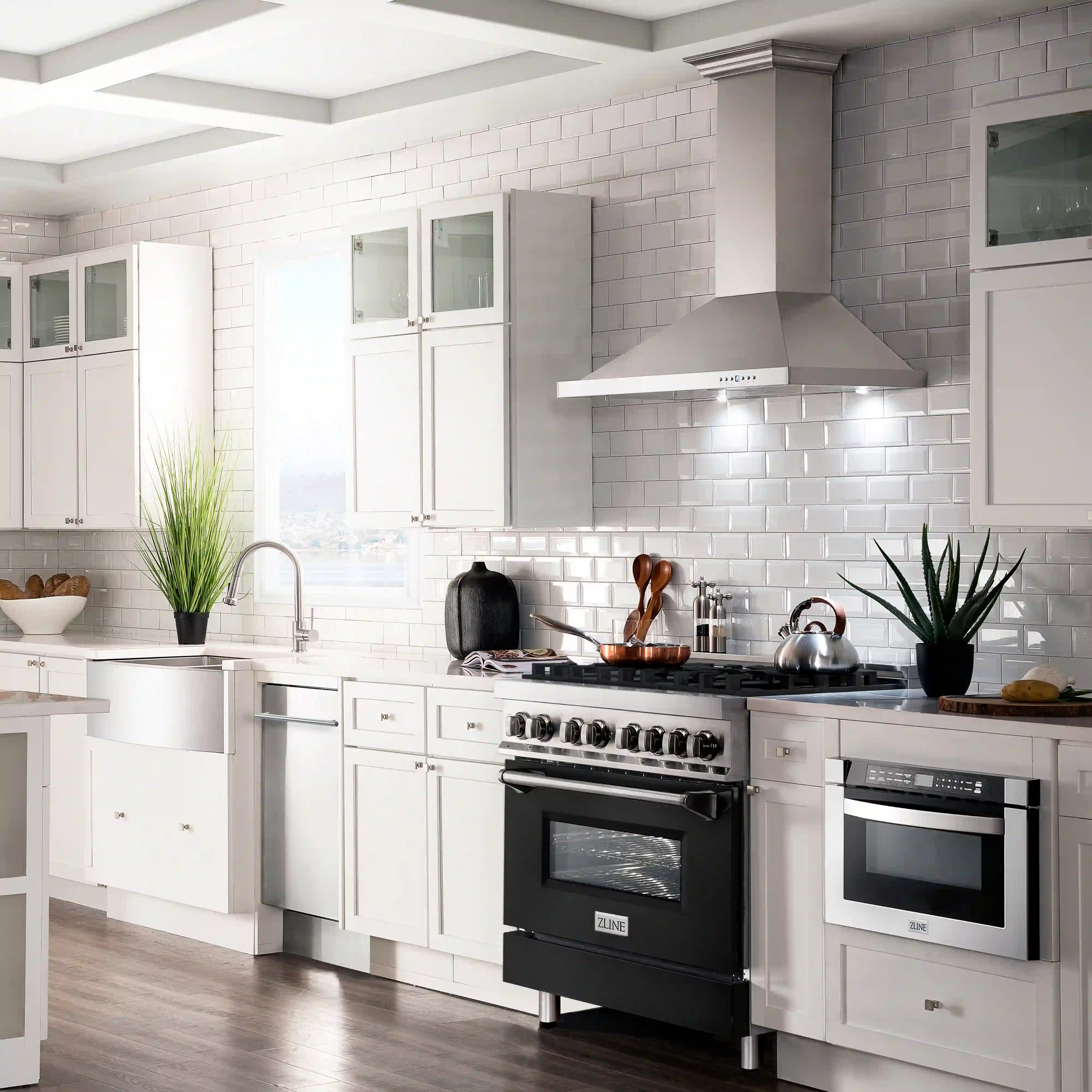 36-inch dual fuel range with black matte door, stainless control panel and knobs