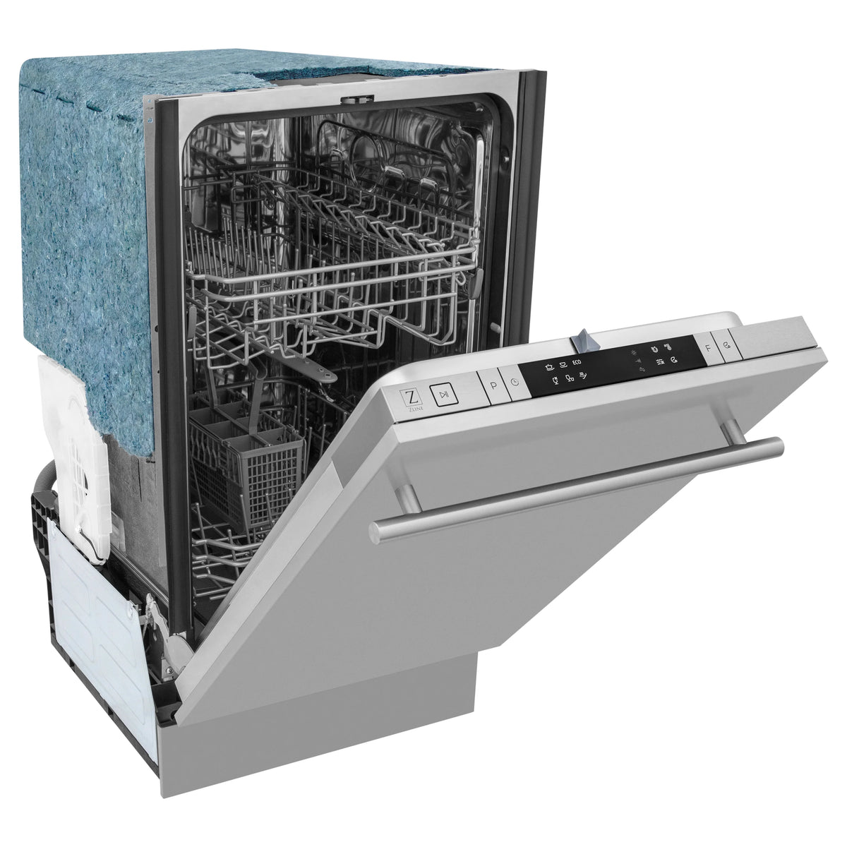 Stainless steel 18-inch dishwasher with modern handle and open door, visible racks