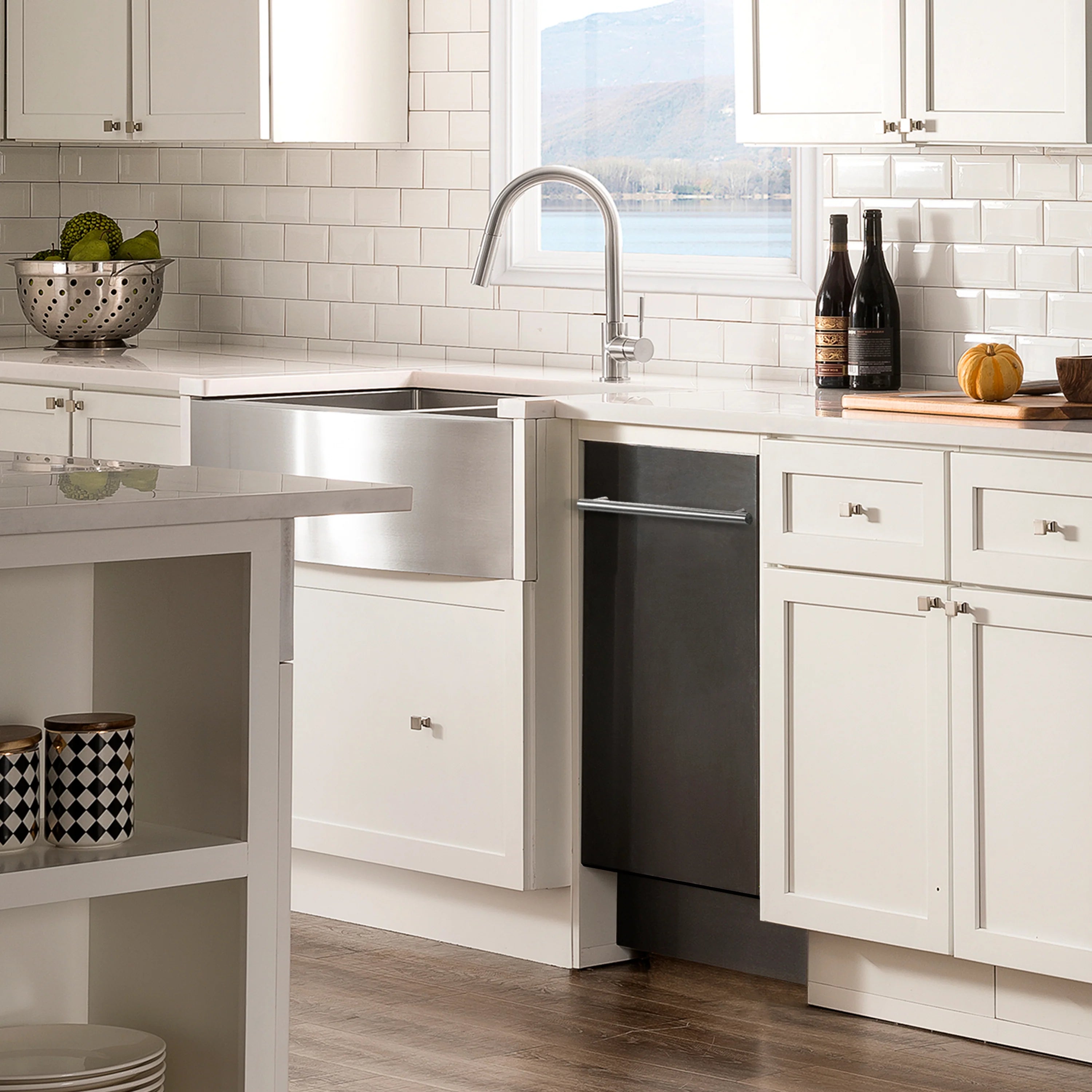 Built-in dishwasher installed in a modern kitchen with cabinetry and countertop