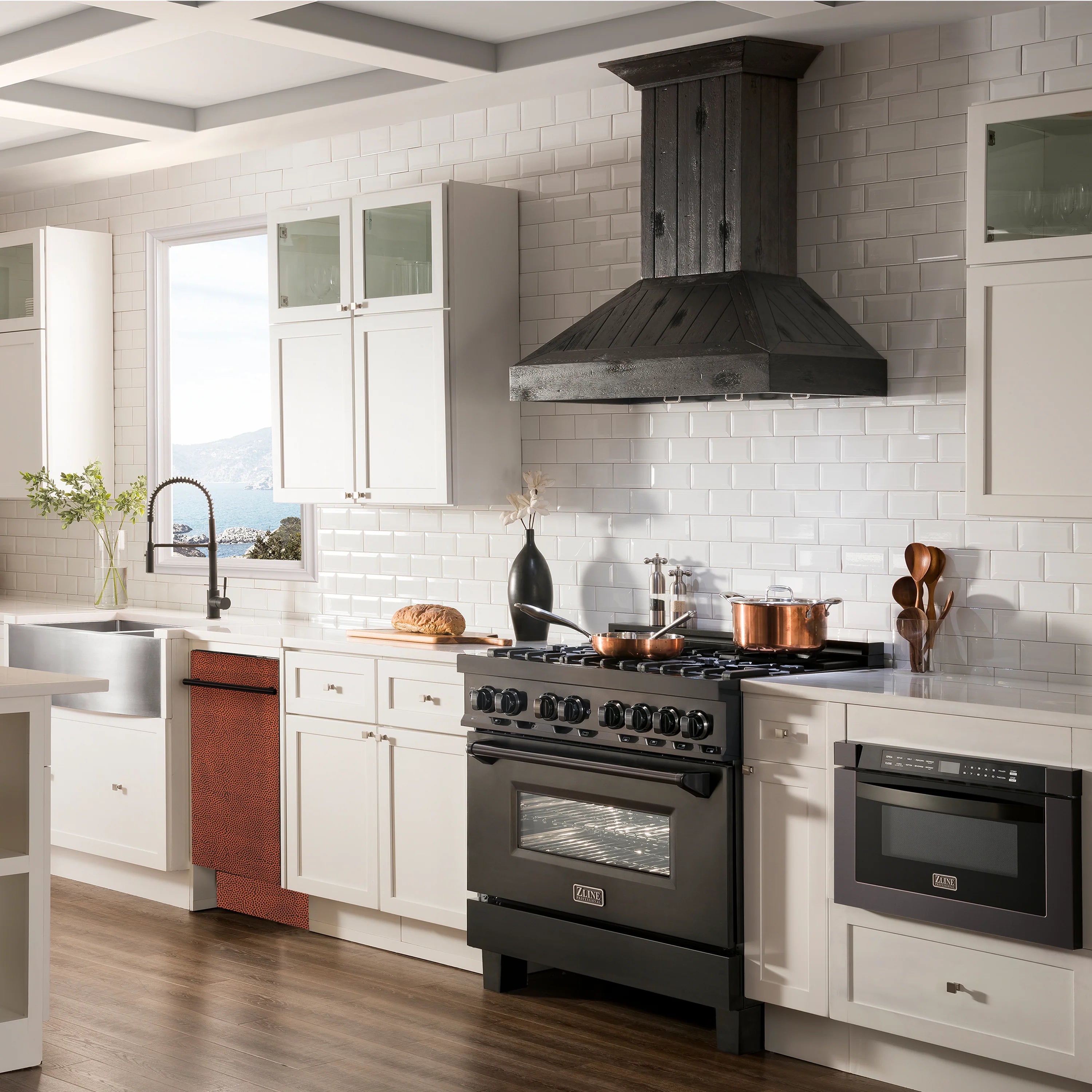 Integrated dishwasher under countertop in a home kitchen, modern design