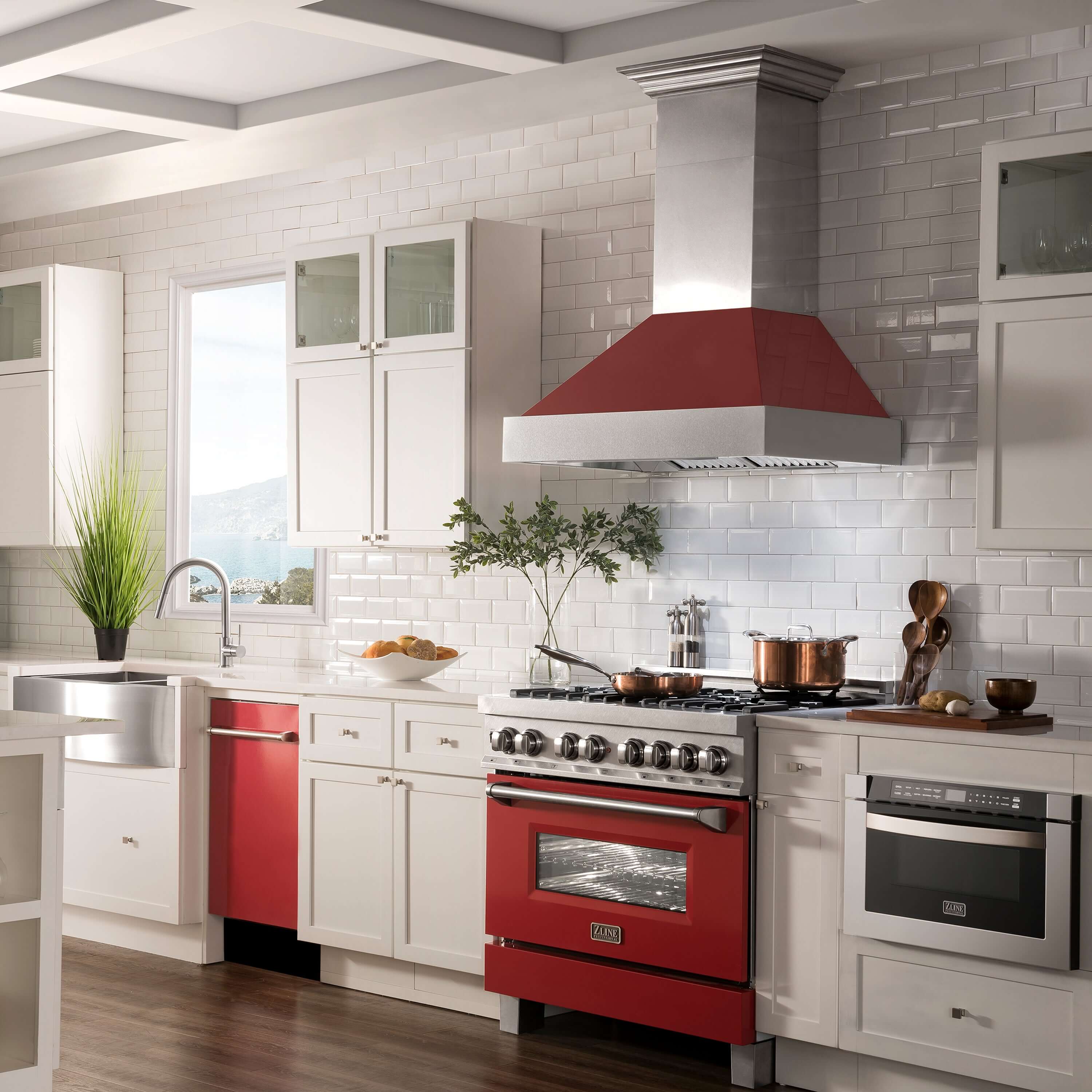 Red gloss dishwasher front in kitchen with stainless steel handle