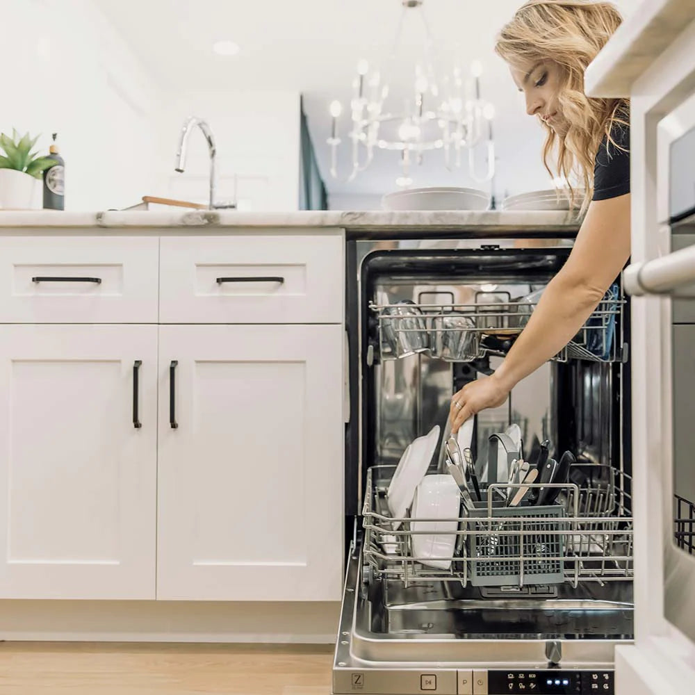 24-inch satin stainless steel dishwasher with open door and metal racks