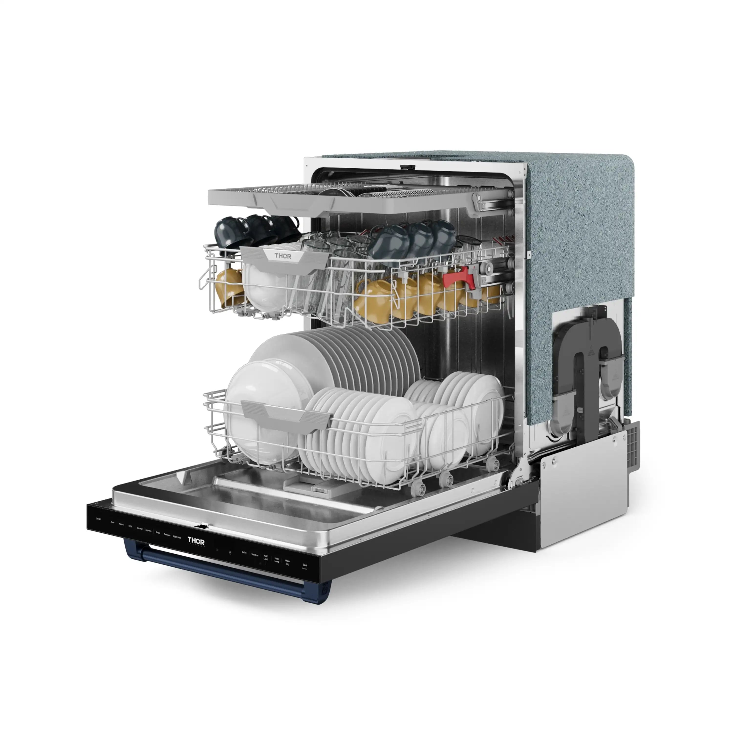 24-inch built-in dishwasher with open door, stainless interior and wire dish racks