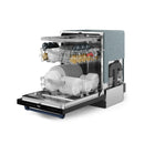 24-inch built-in dishwasher with open door, stainless interior and wire dish racks