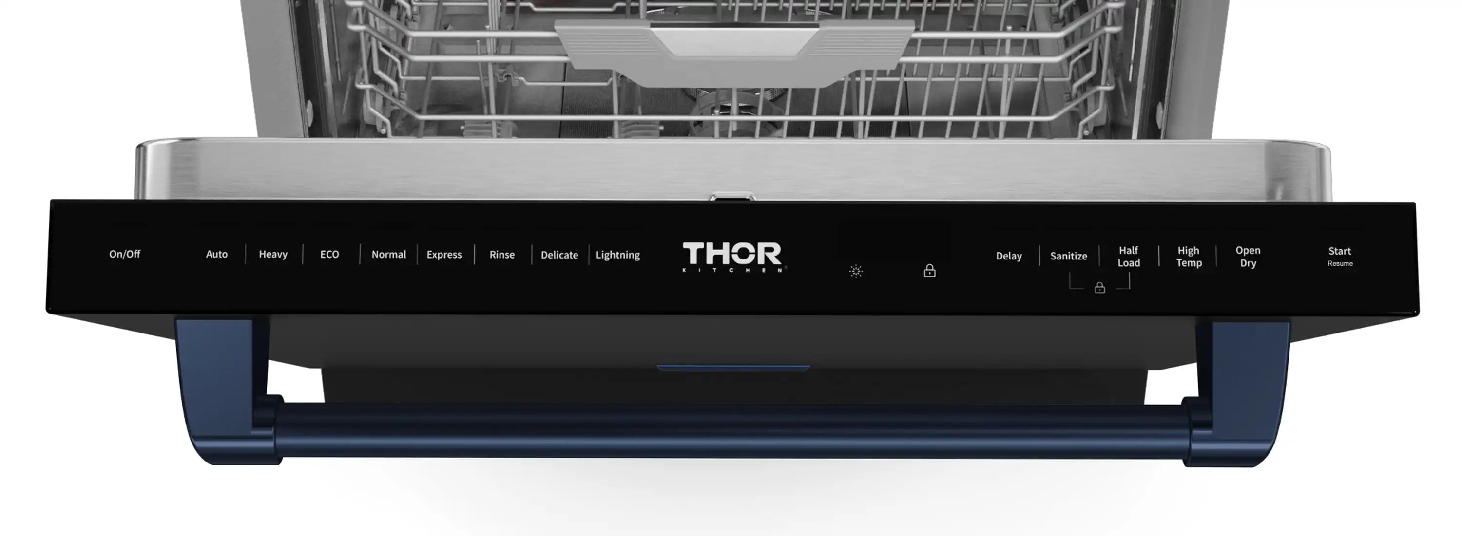 24-inch built-in dishwasher control panel with THOR logo and blue indicator accents