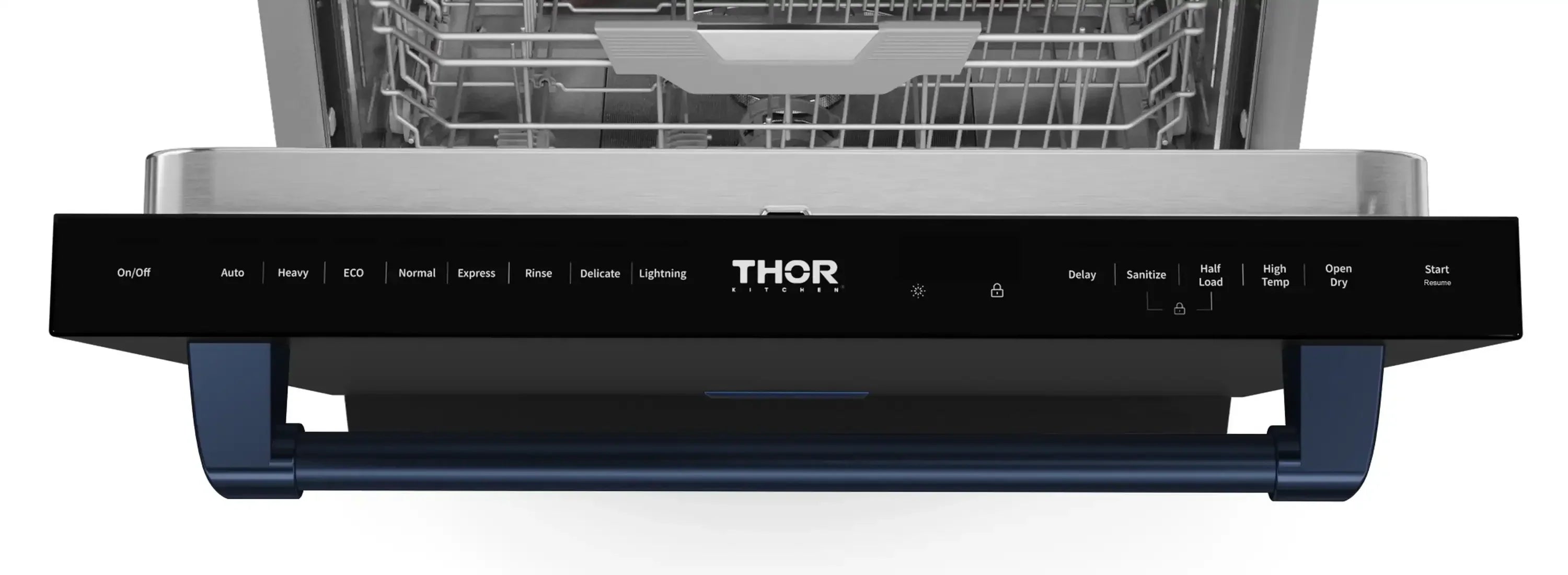 Black dishwasher control panel with THOR buttons and display strip.
