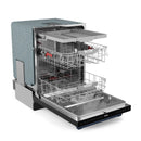 24-inch built-in dishwasher open with two-tier wire racks and stainless wash chamber