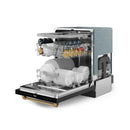Black dishwasher with door open showing interior racks and spray system