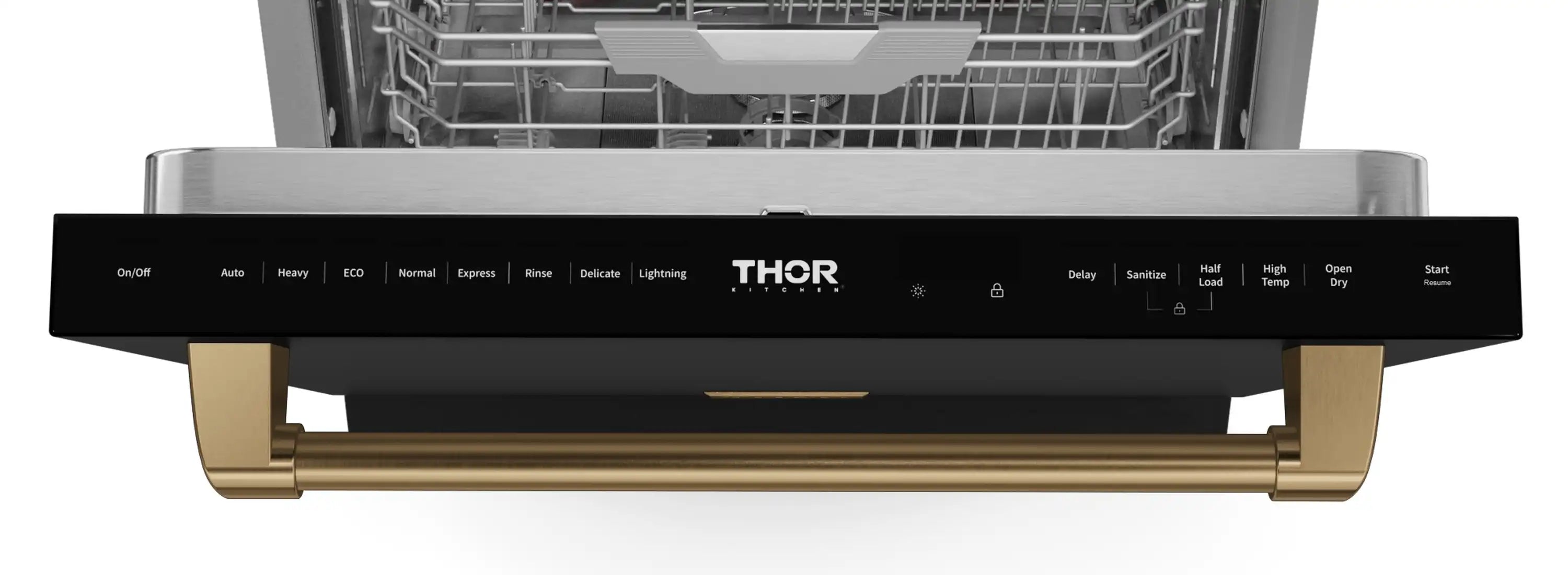 Dishwasher front panel with THOR branding and indicator lights below the controls
