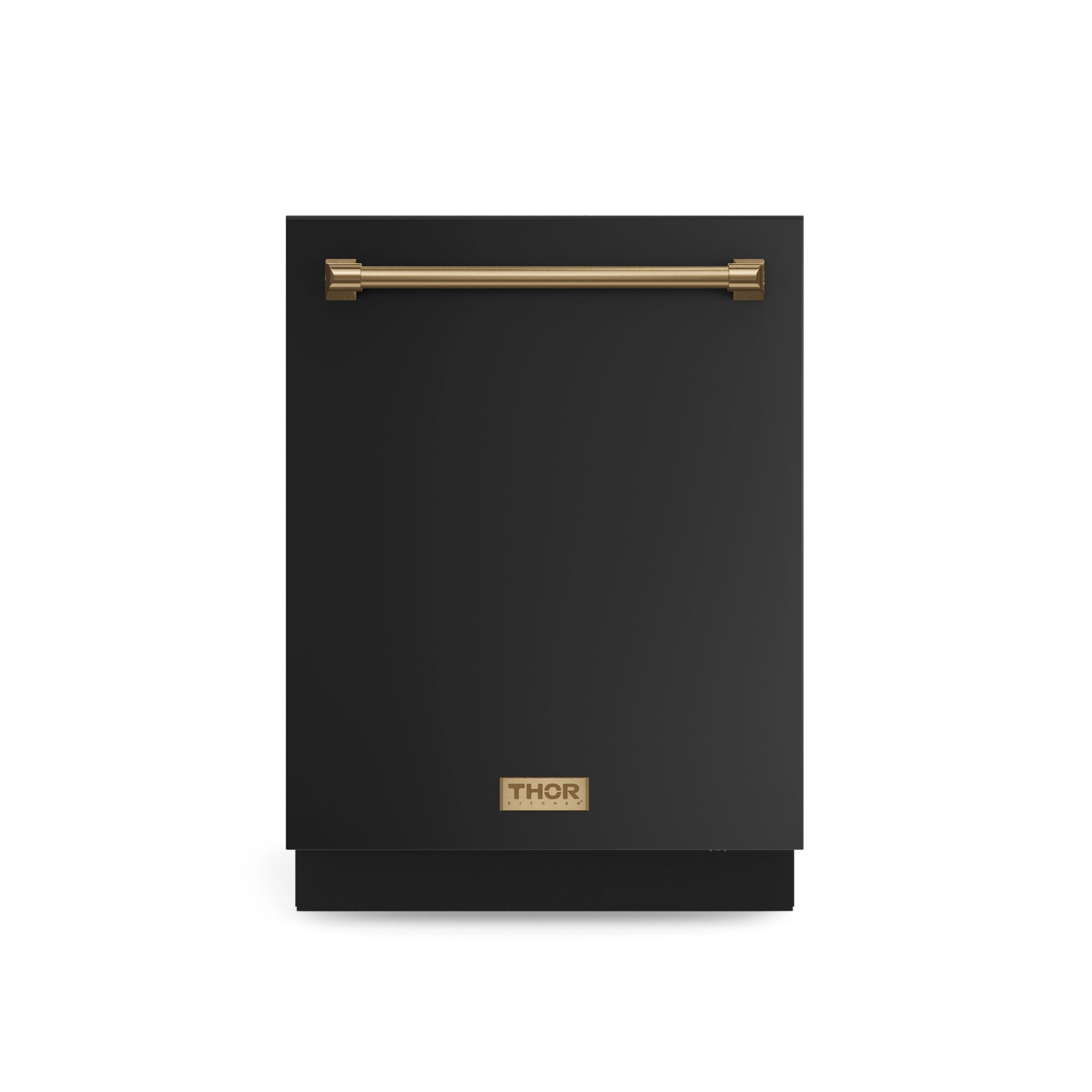 Black dishwasher front with bronze top handle and brand badge