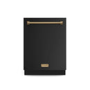 Black dishwasher front with bronze top handle and brand badge