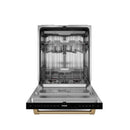 Dishwasher with door open, empty racks visible, and bronze trim on base