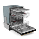 Dishwasher door open with two racks of tableware and interior spray arms