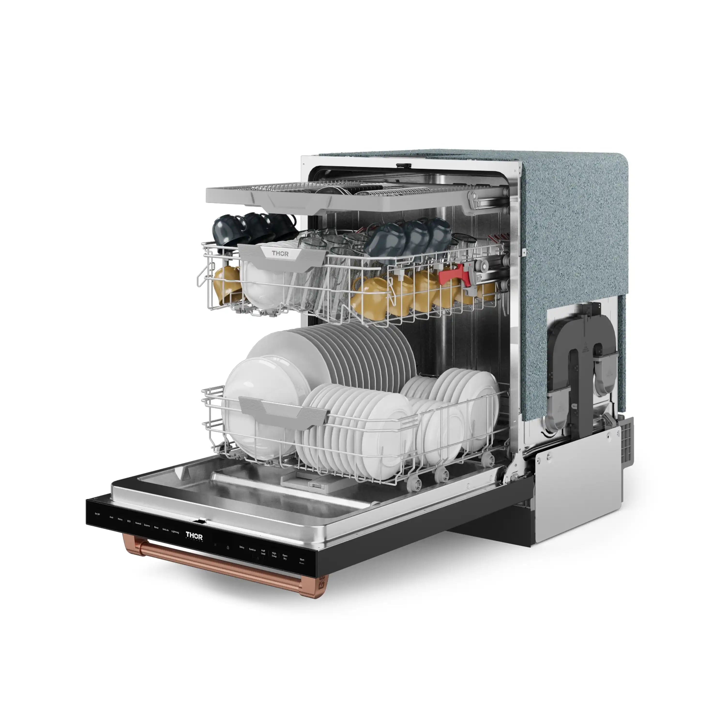 Black dishwasher with rose gold handle, angled view with lower rack inside