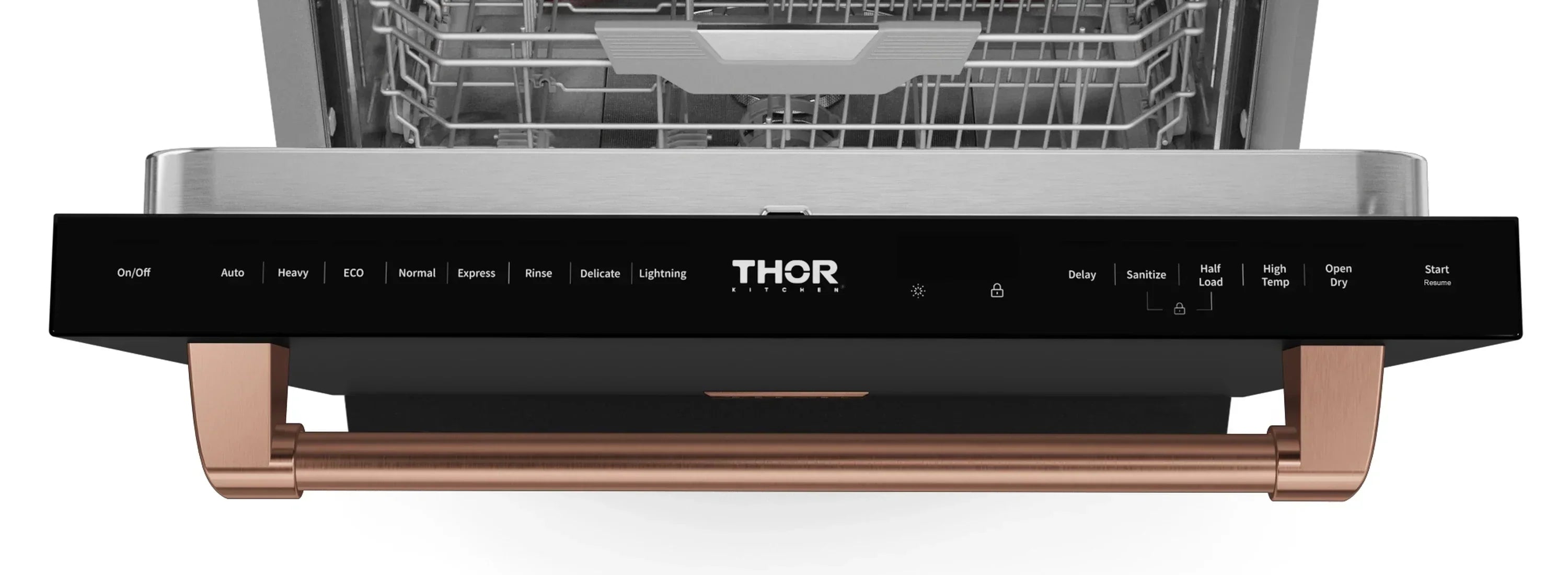 Black wall mount range hood control panel with rose gold underside trim