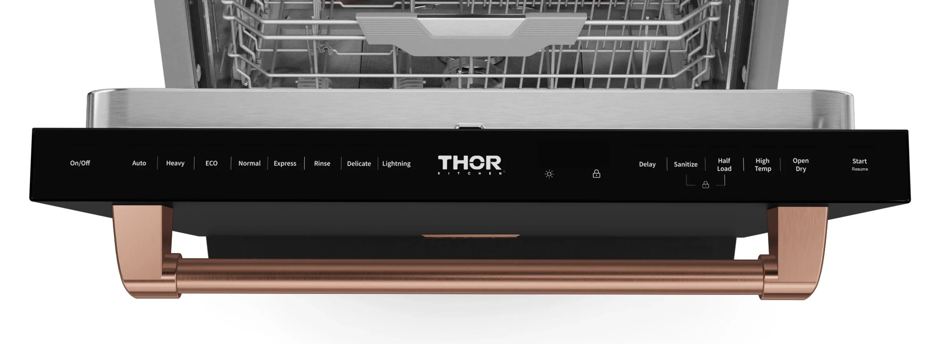 Black electric range control panel with THOR logo and rose gold trim