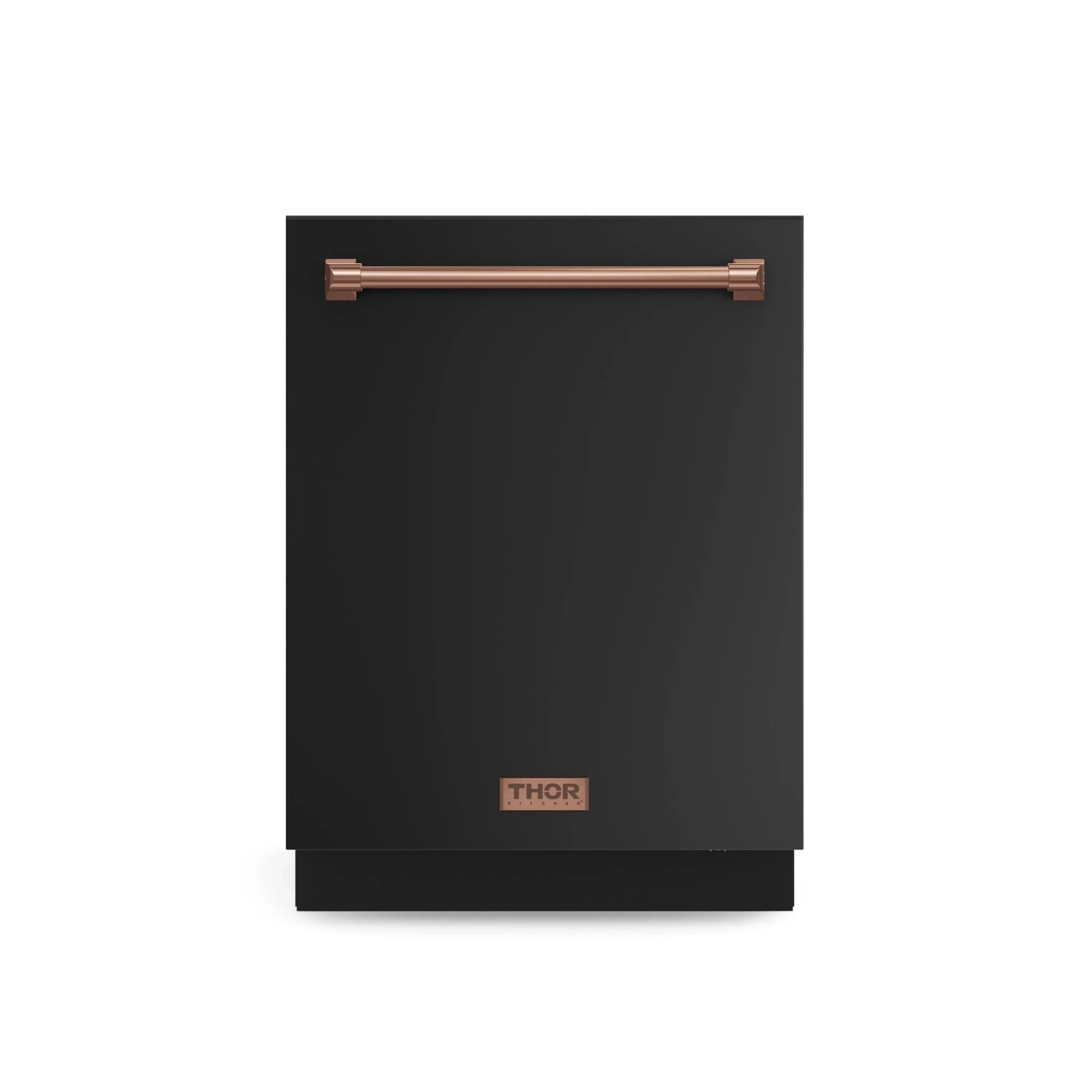 Black dishwasher with rose gold handle and THOR logo on front panel