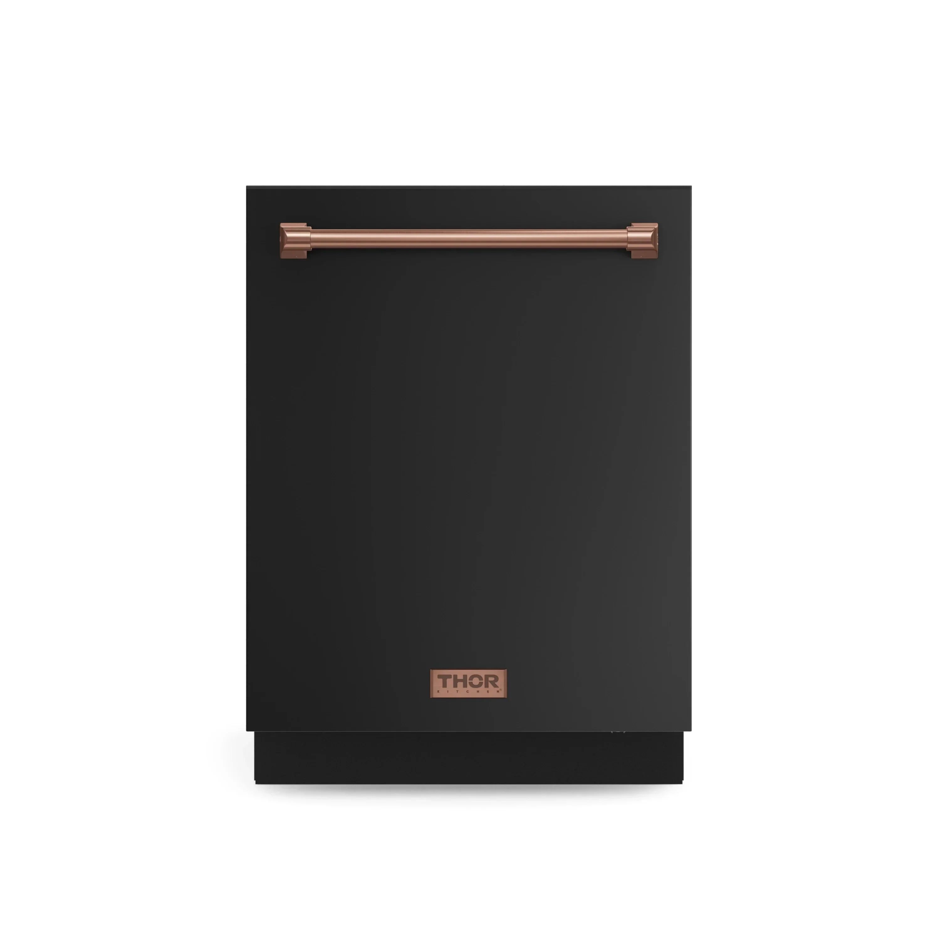 Black dishwasher with rose gold trim, front panel and THOR logo