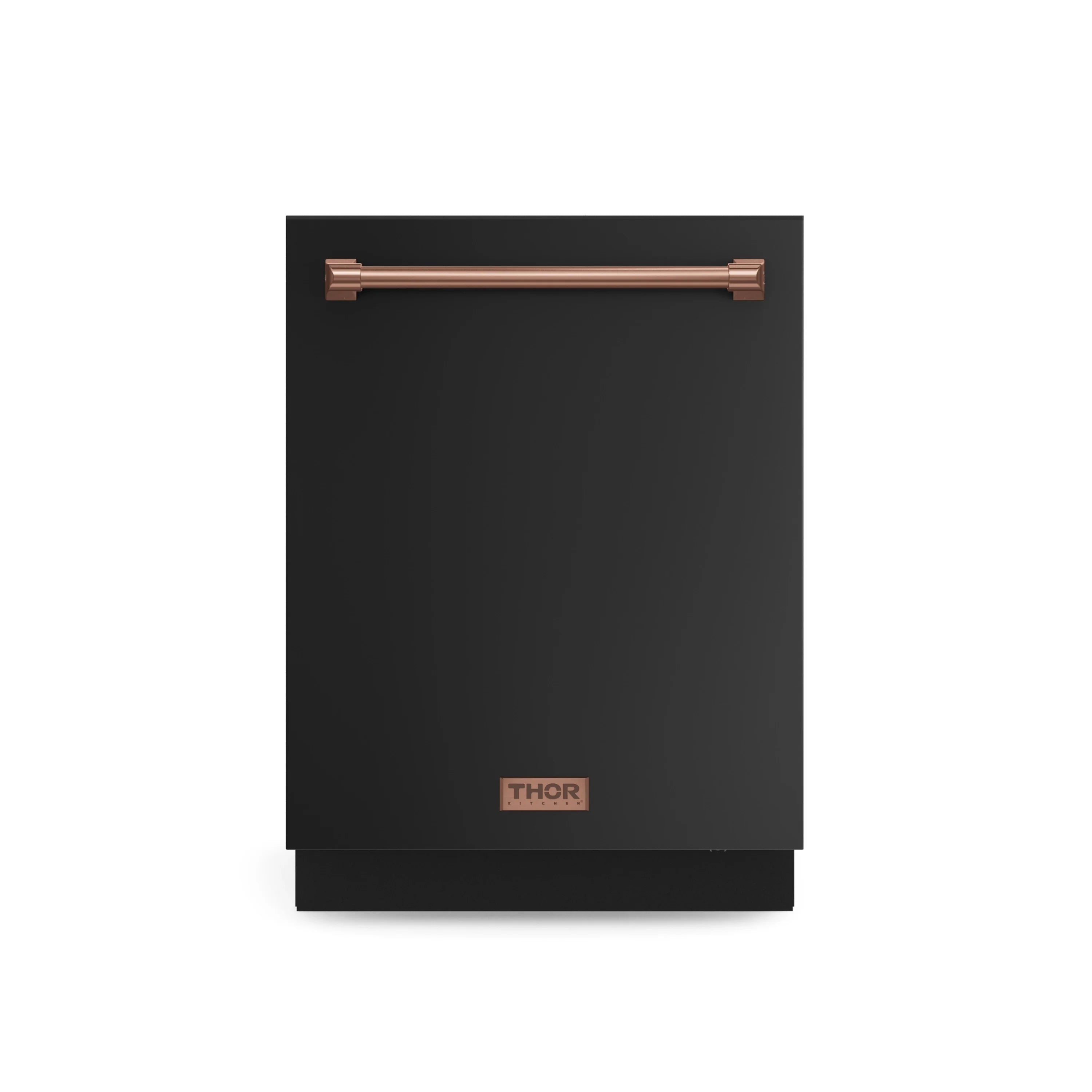 Black refrigerator with rose gold handle trim