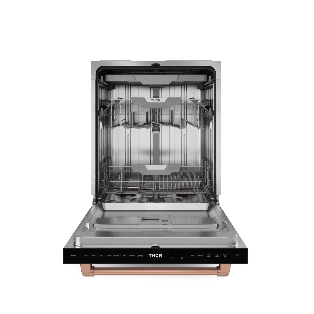 Open dishwasher showing interior racks, spray arms, and lower tub