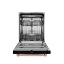 Stainless open dishwasher with racks and black base, featuring rose-gold front trim
