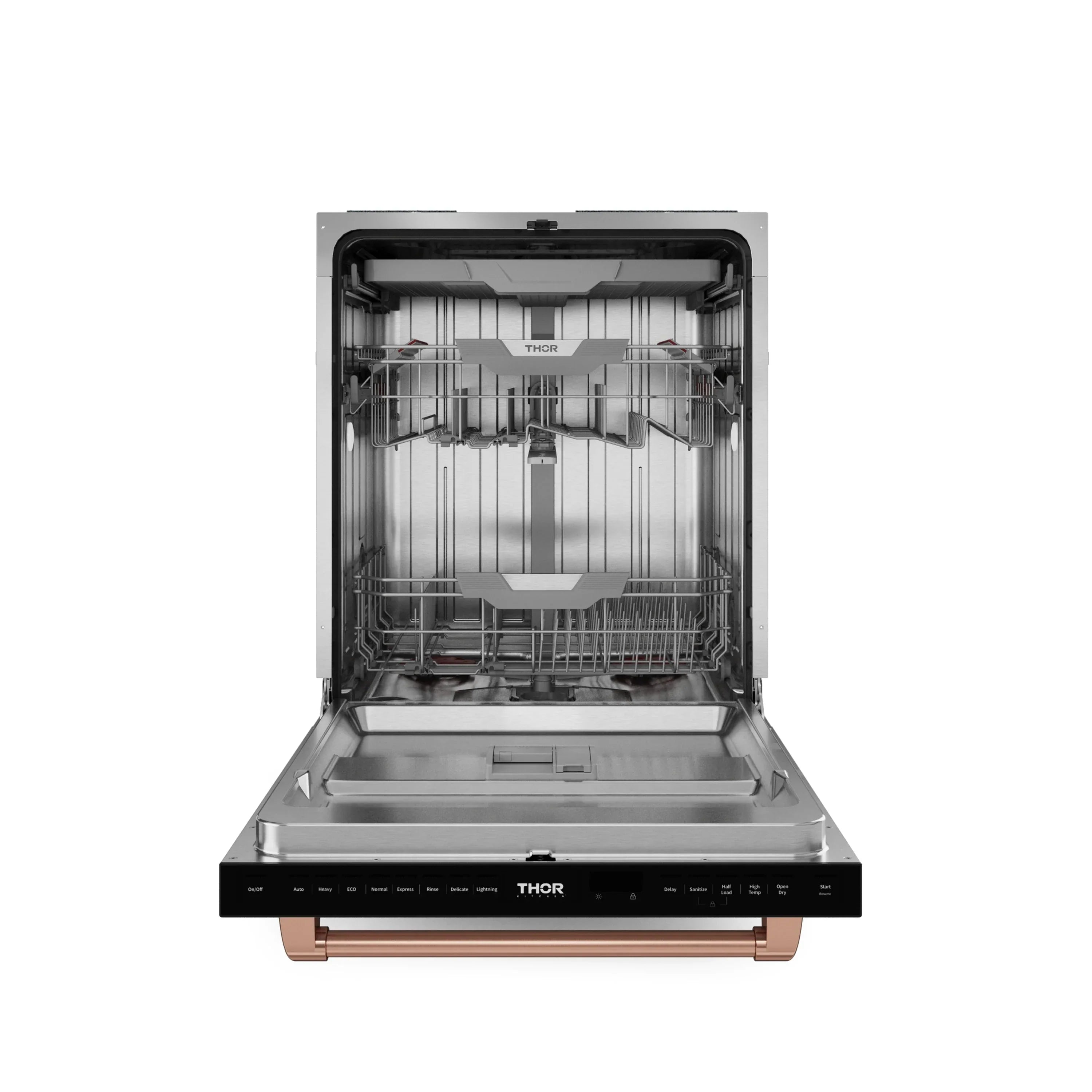 Black dishwasher with door open, stainless racks inside and THOR branding at bottom