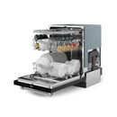 24-inch black built-in dishwasher with open door and stacked interior racks