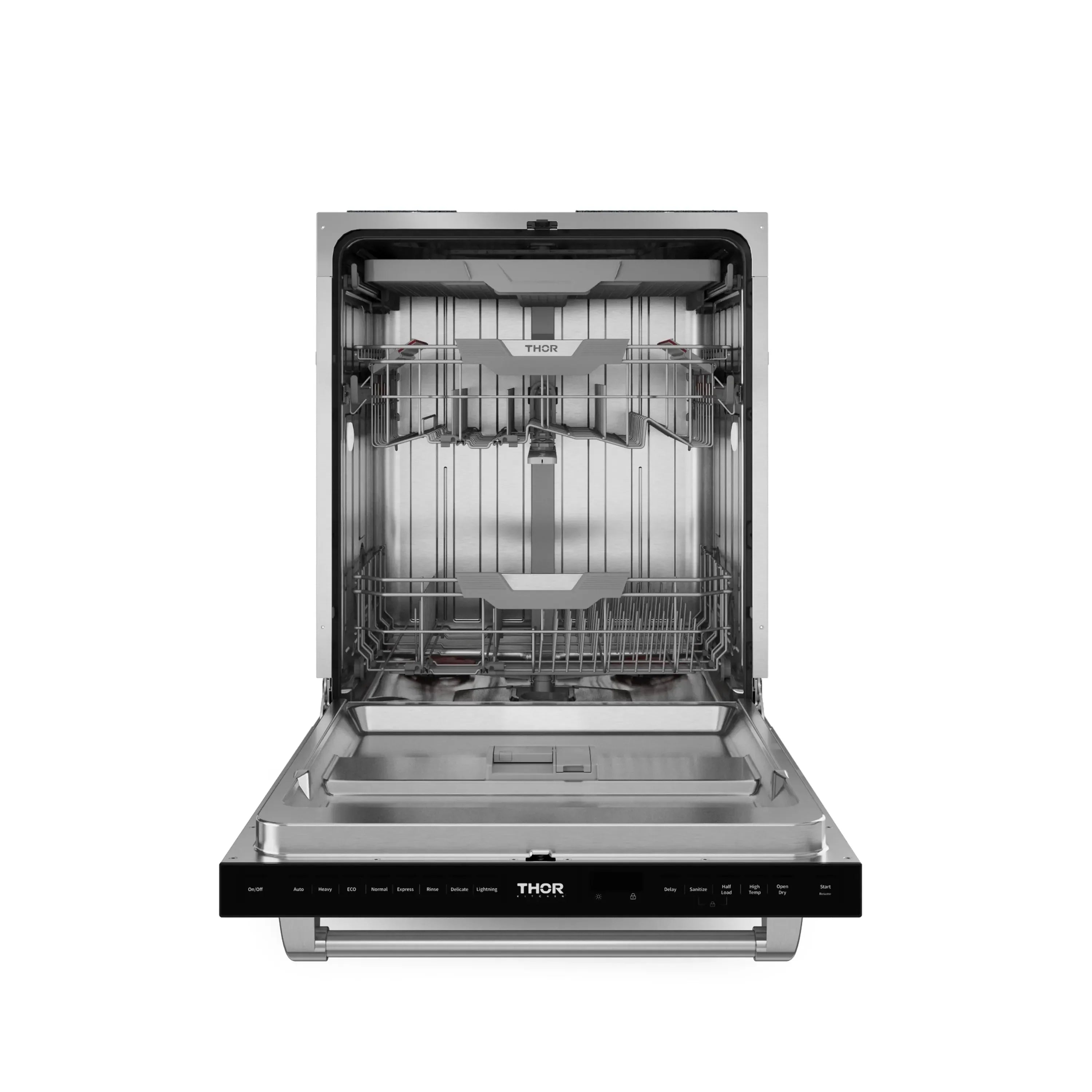 Dishwasher open door showing stacked racks and interior spray arms
