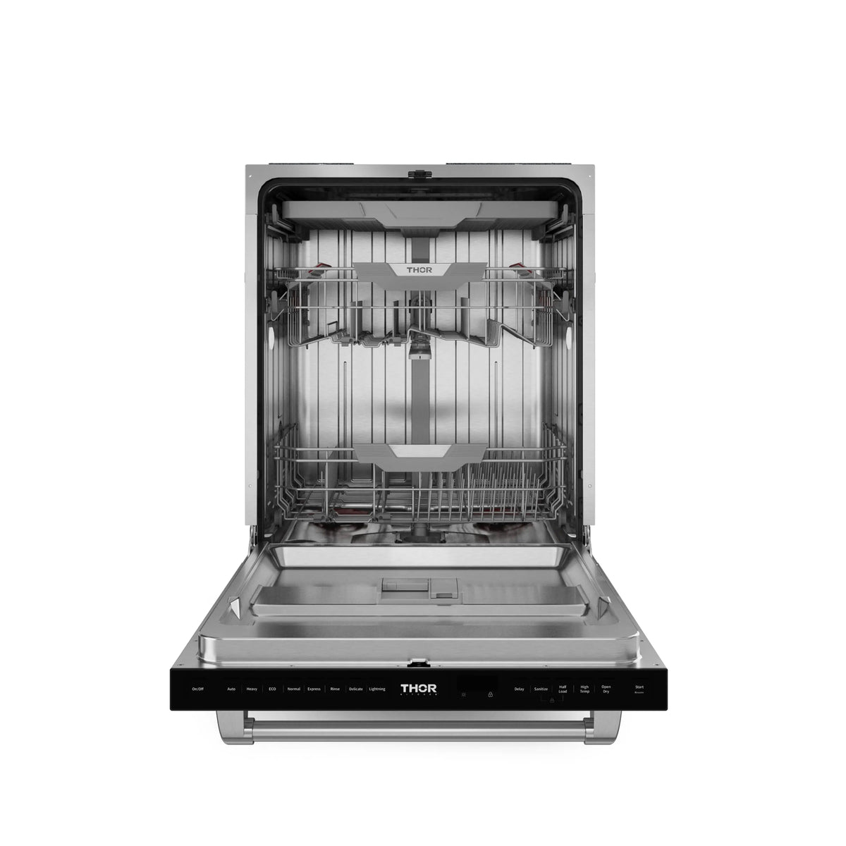 Stainless dishwasher interior with open door and wire racks