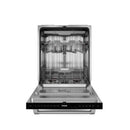 Open dishwasher door showing stainless tub, lower rack, and upper spray system