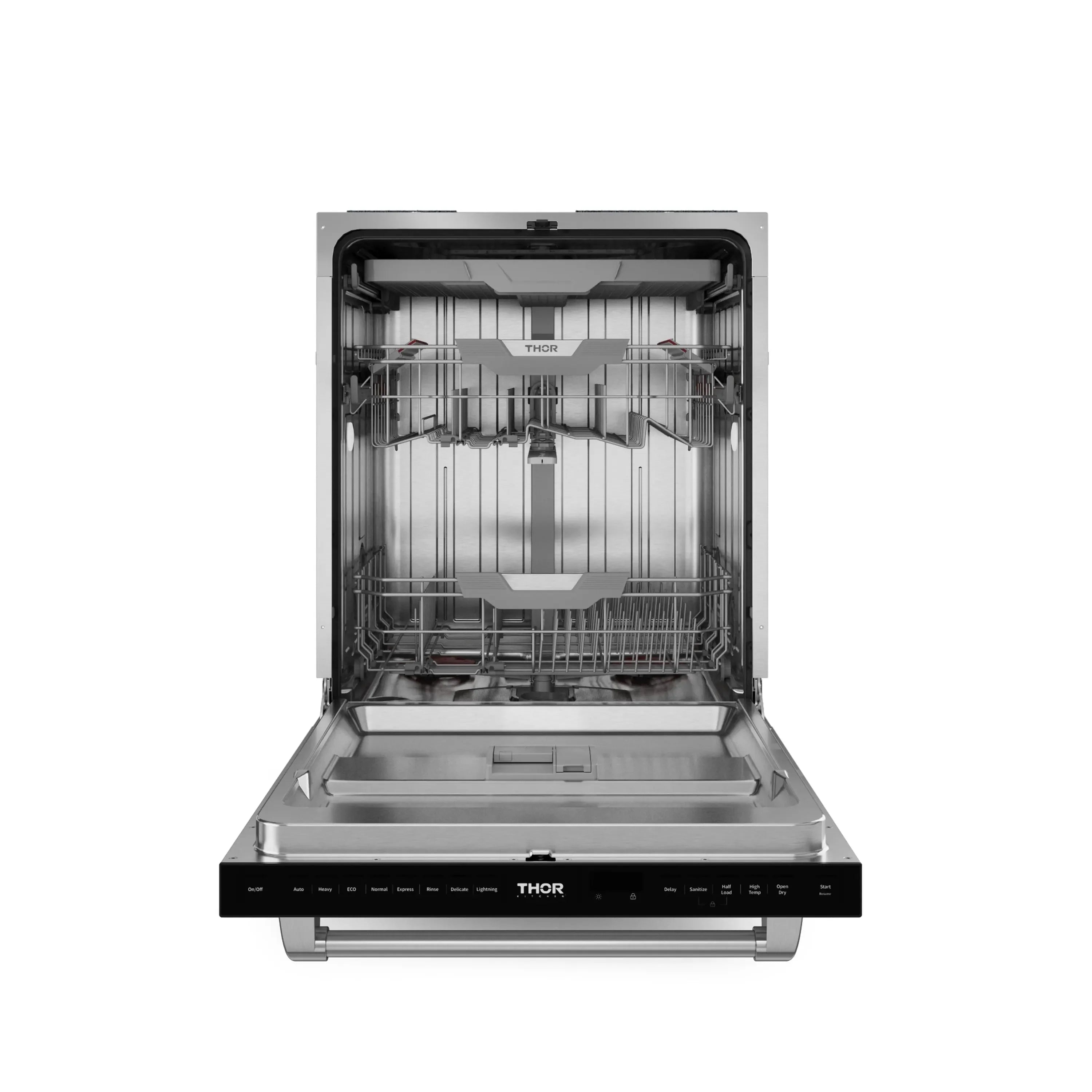 Stainless dishwasher with open door and stacked interior racks