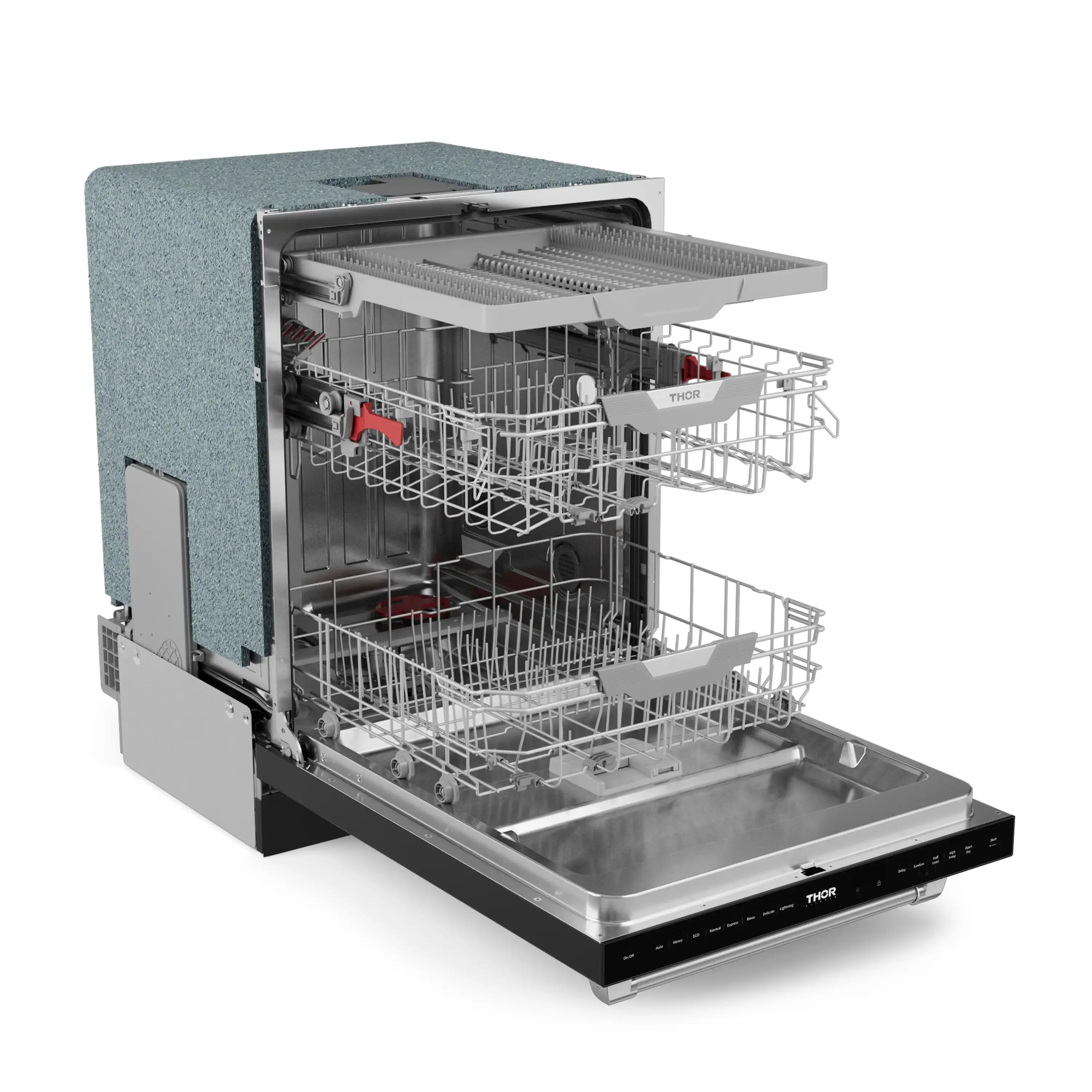 Stainless dishwasher open with upper and lower racks