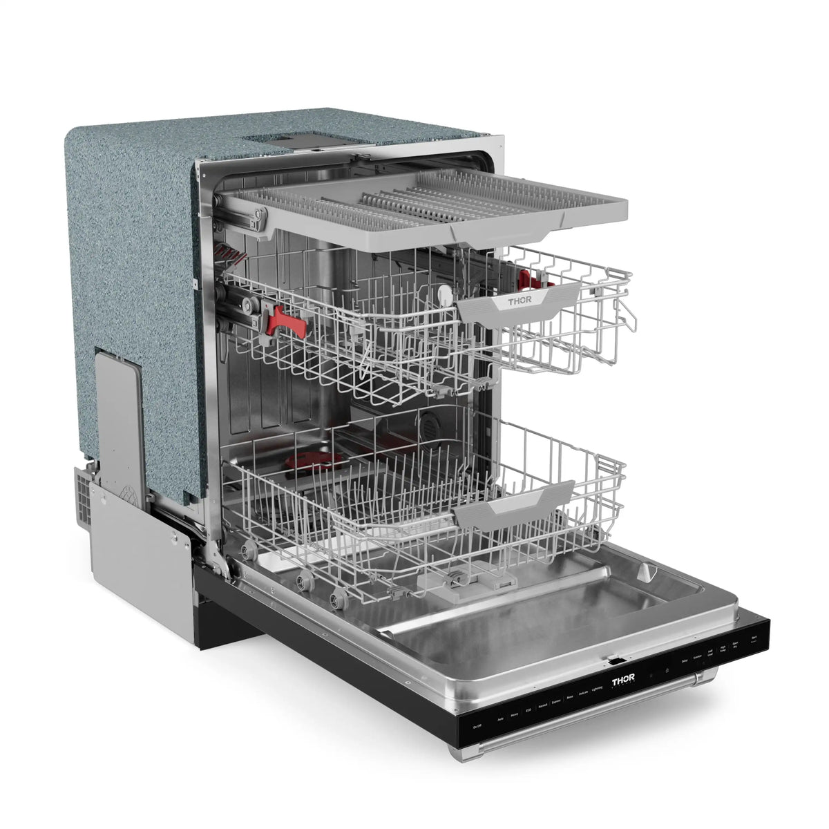 Dishwasher open with two interior racks and a lower silver tub, angled view.