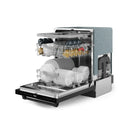 Open 24-inch dishwasher with stainless racks and spray arms
