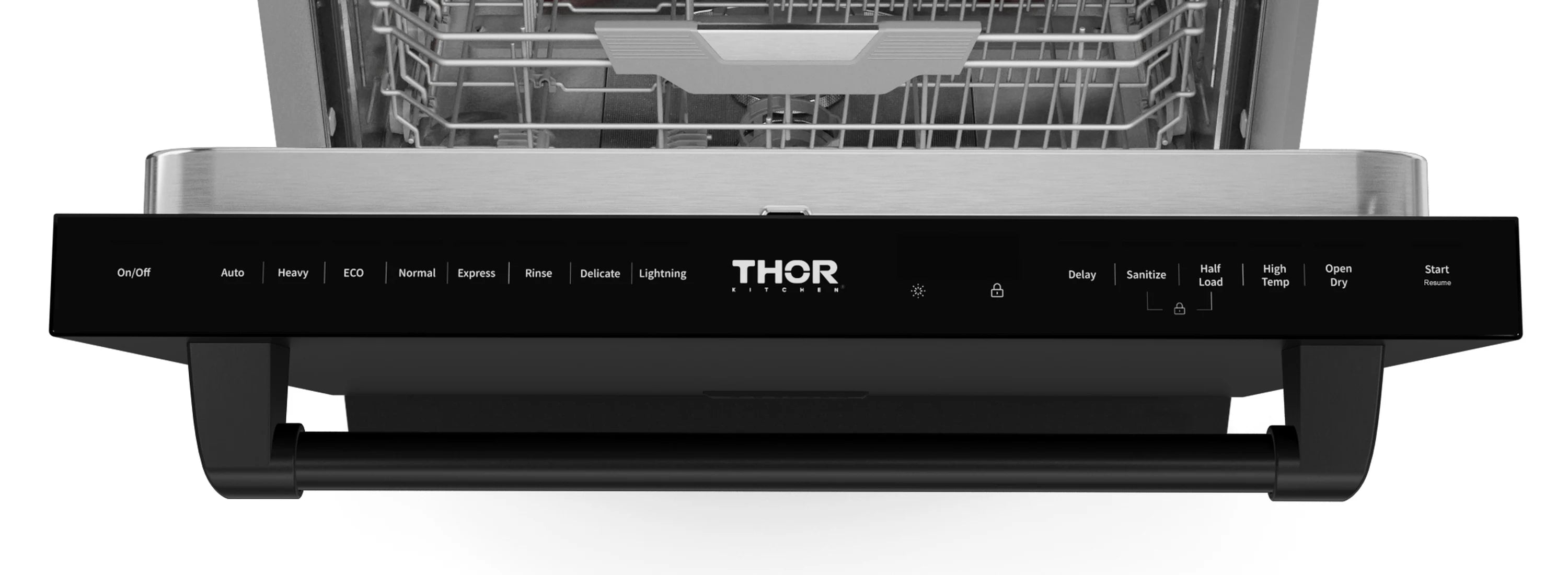 Black dishwasher control panel with buttons and status indicators