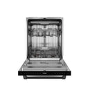 Open dishwasher door with upper and lower racks visible