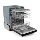 Dishwasher with open door showing multiple racks and spray arm system