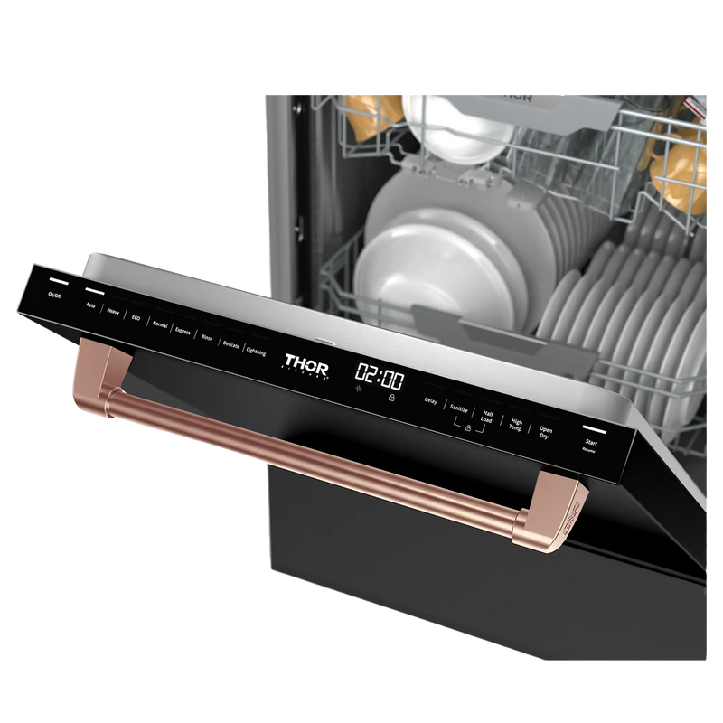 Thor Kitchen Gordon Ramsay 3-Piece Appliance Package - 30-Inch Electric Range with Tilt Panel Touch Control, Refrigerator, and Dishwasher in Black with Rose Gold Trim