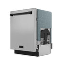 Dishwasher side view with open door, insulated panel, and door-mounted mechanism