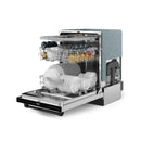 Stainless steel dishwasher with open door and visible racks and interior components