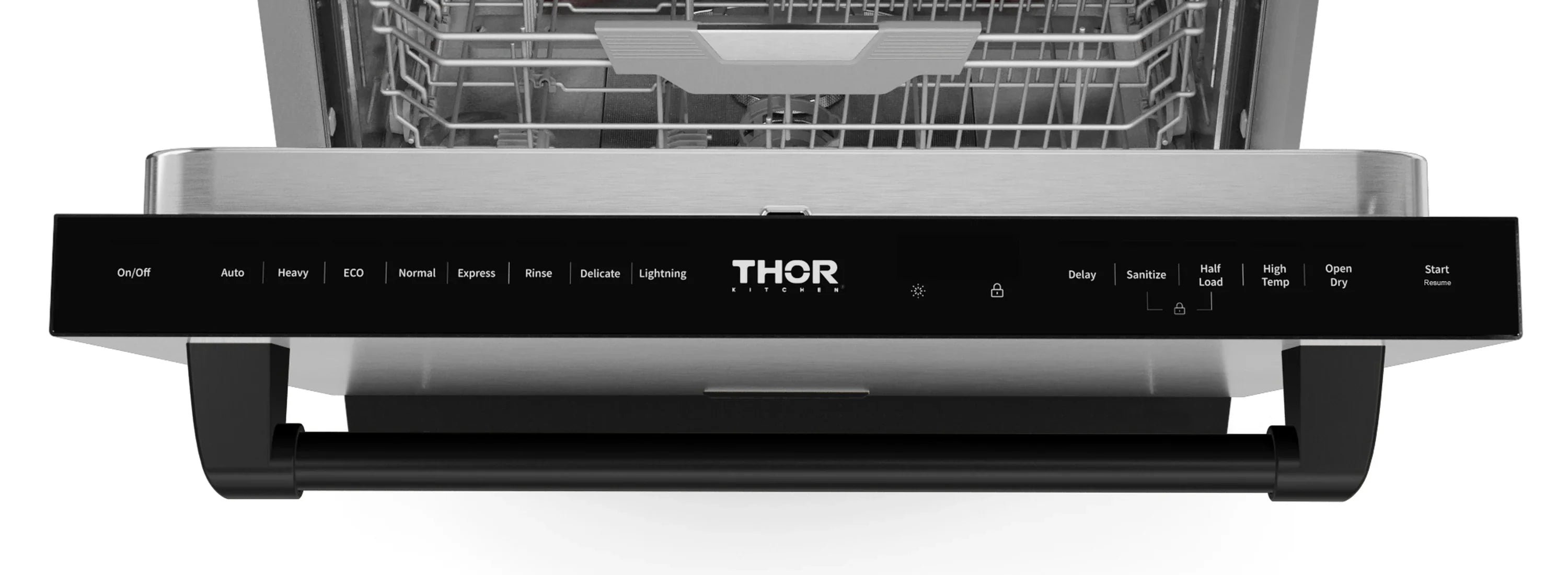 Dishwasher control panel bar with THOR logo and row of buttons